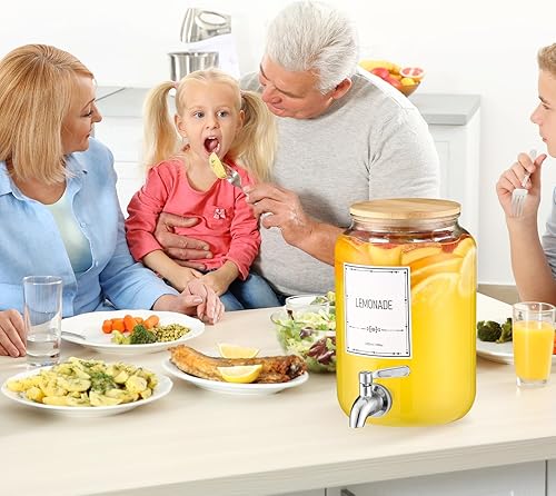 Miniatura 5 de Dispensador de bebidas de vidrio, 2 dispensadores de bebidas para fiestas, dispensador de bebidas con tapa de bambú y espita de acero inoxidable a