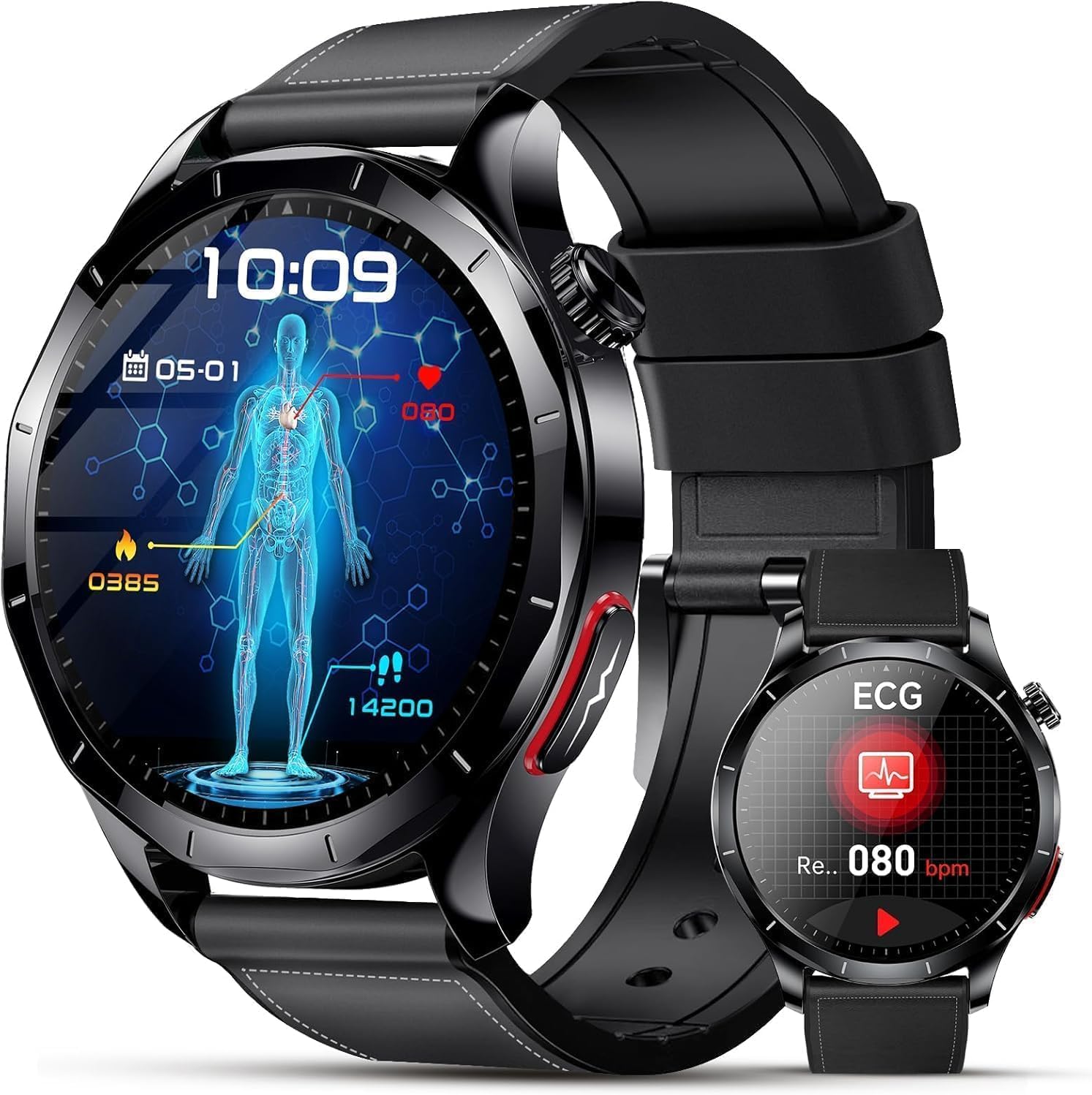 Men’s Smartwatch with ECG + HRV/B Pressure Measurement / Uric Acid / BMI, 1.43 Inch AMOLED Health Watch with SOS Emergency Call, 24/7 Heart Rate/Apnea/Sleep Monitor/SpO2, Android/iOS