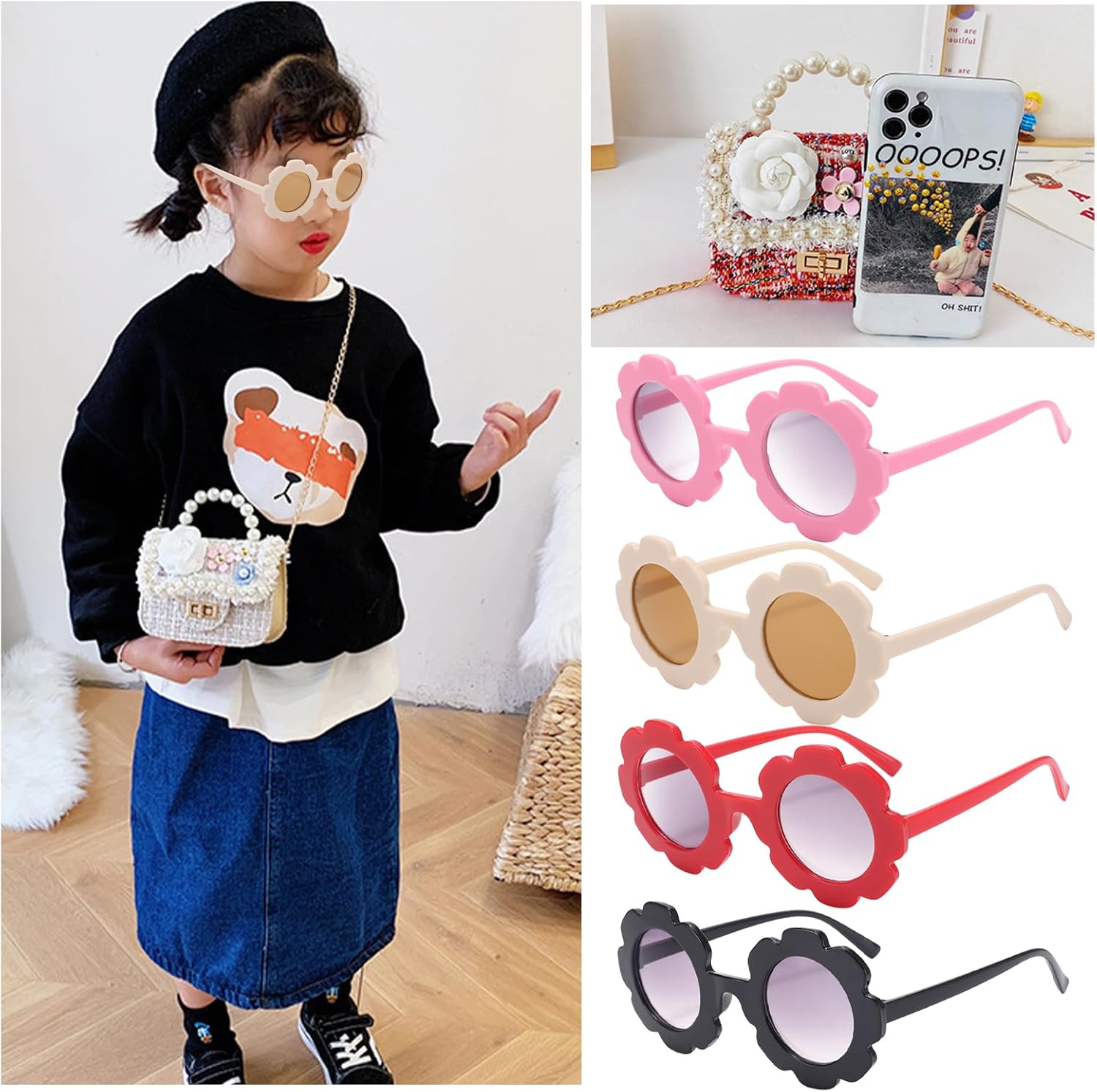 Forwe Little Girls Toddler Crossbody Purse with Pearl Flowers Mini Cute Princess Handbags Shoulder Chain Bag - Image 2