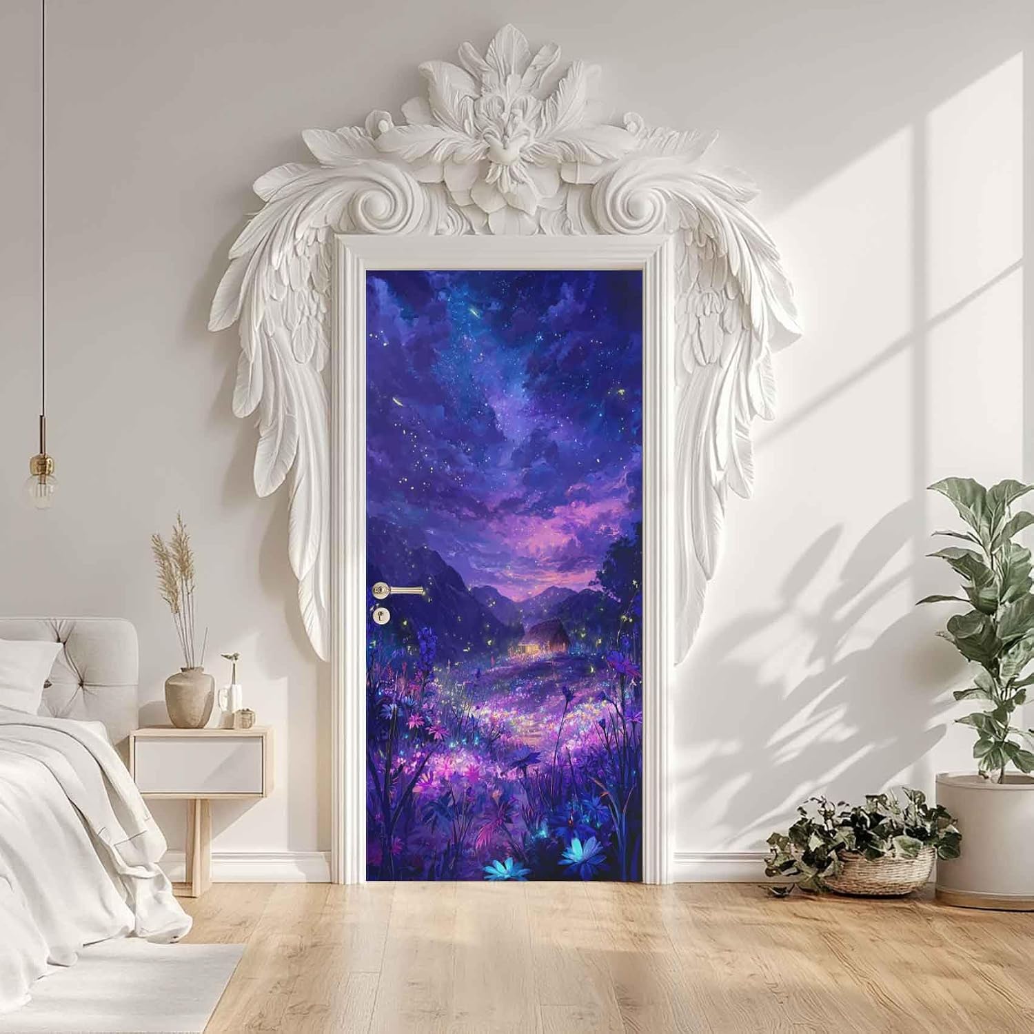 Mountain Door Sticker, Jungle Purple Flower Door Mural, Dreamy House Romantic Wallpaper Decor Peel and Stick PVC Decal Removable Self-Adhesive for Home Decor 30.3" W x 78.7" L