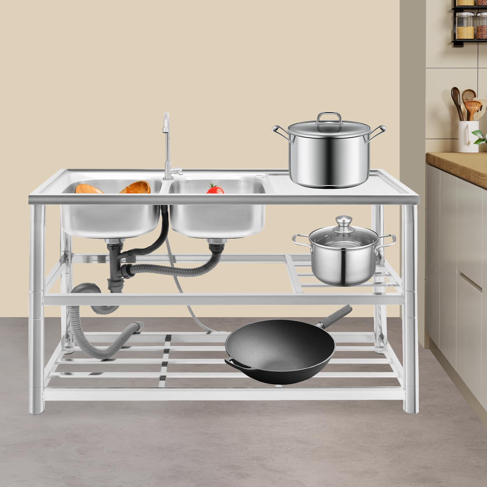120 cm 2 vasche 3 ripiani Lavello in acciaio inox con rubinetto freestanding per cucina | 201 inox, 2 vasche, 3 livelli, 100 kg, piedi rotondi/quadrati, piletta in acciaio, rubinetto 360°, per pro & casa
