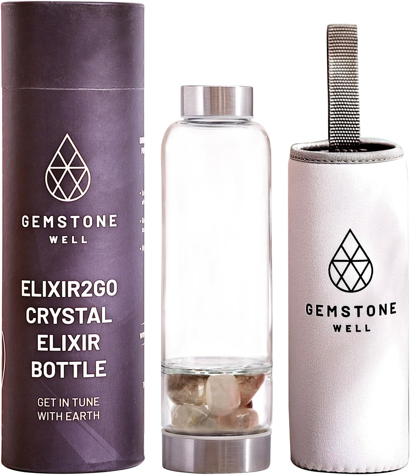 Crystal Water Bottle Elixir Set | Includes Authentic Smoky Quartz & Clear Quartz Healing Crystals | Black Neoprene Sleeve | Drink Gem Infused Water On The Go