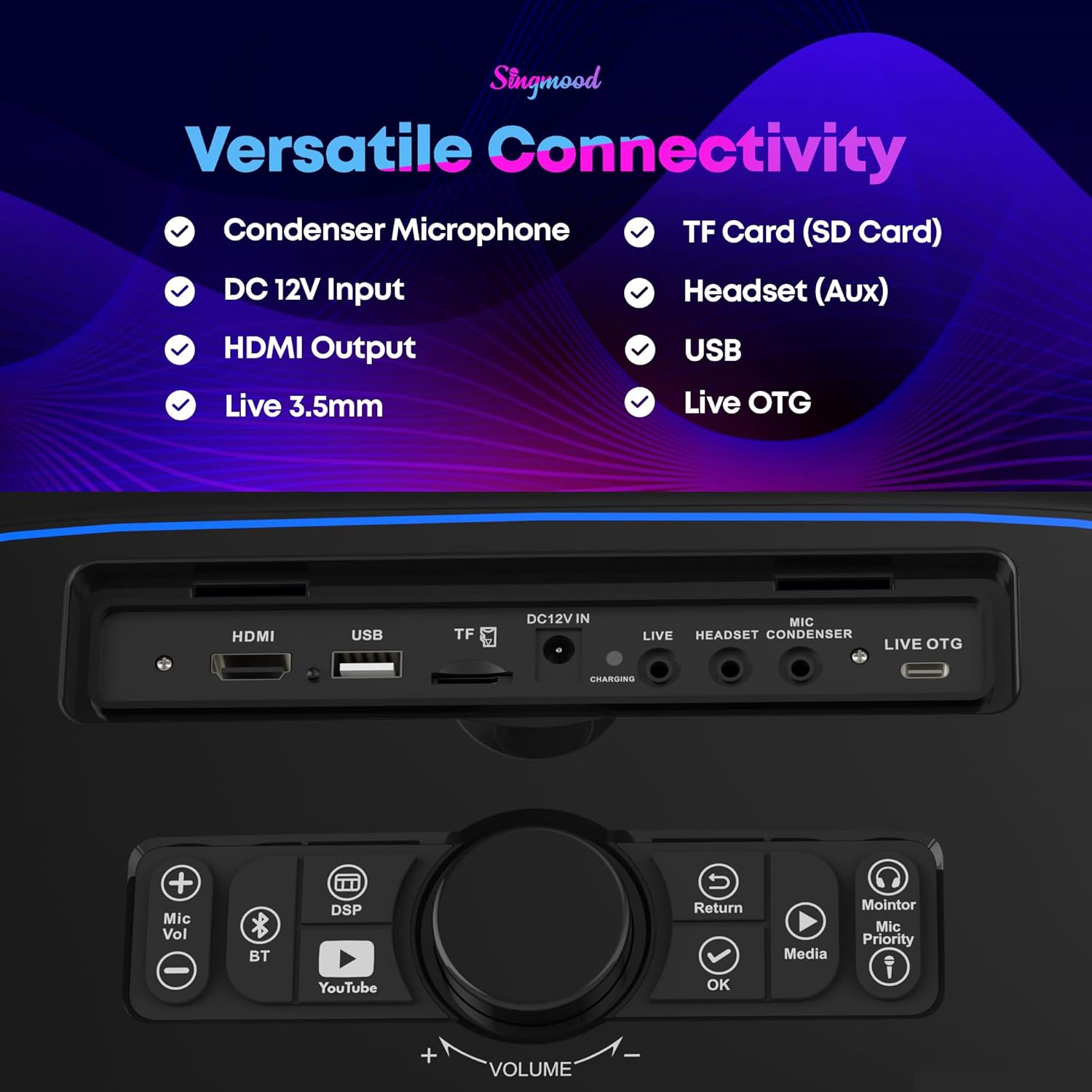 SINGMOOD s63 connected via HDMI to a large TV screen displaying karaoke lyrics.