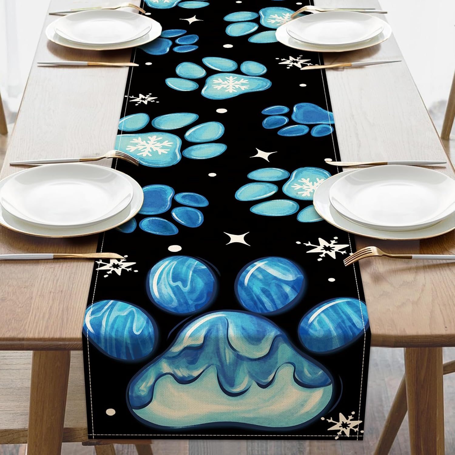 Croar Winter Blue Dog Cat Paws Table Runner, Snowflake