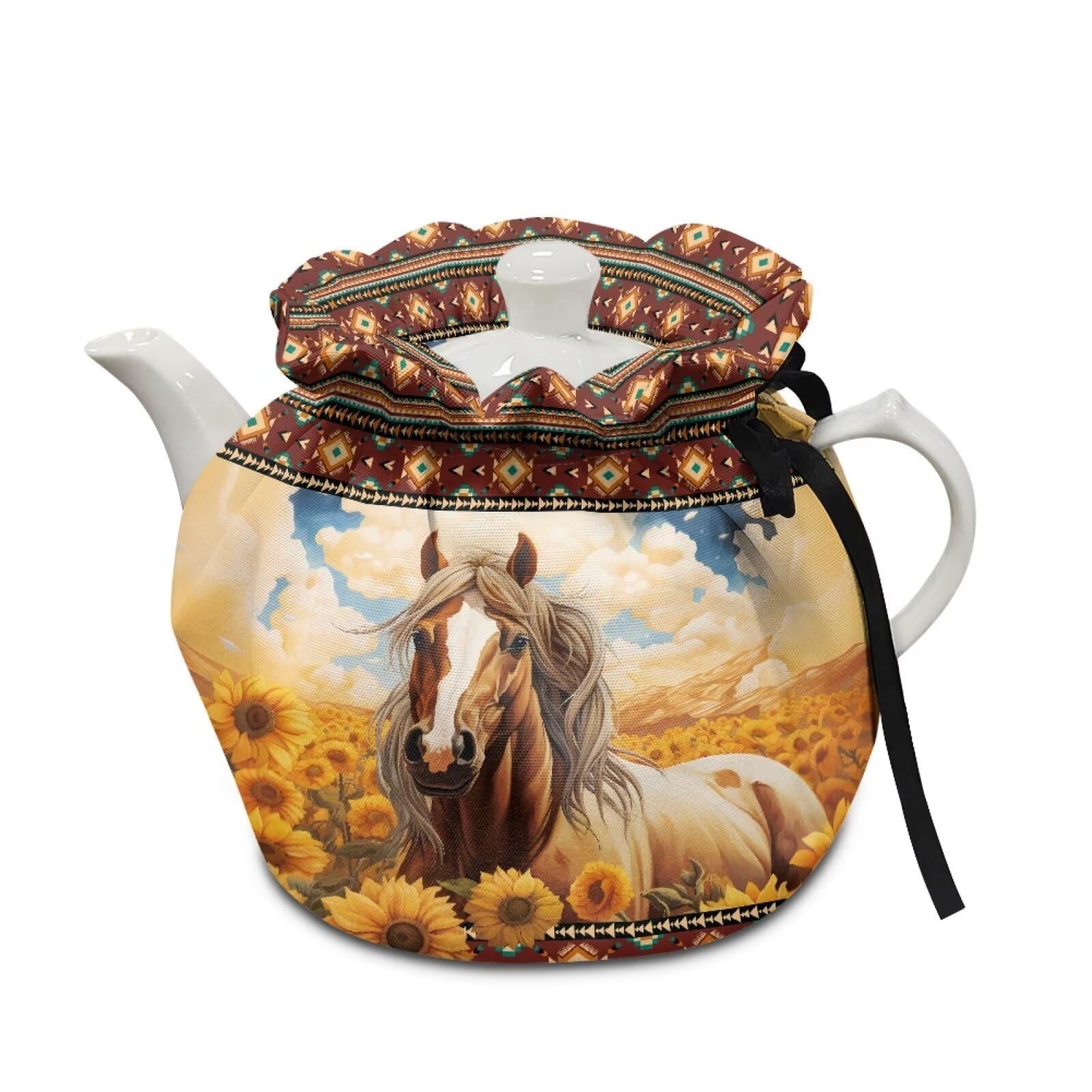 Ethnic Horse Tea Cozies Cover of Teapots Insulation Cotton Vintage Warm Kettle Cover Sunflower Print Kitchen Tea Pot Dust Cover Coffee Pot Cover with Elastic Design