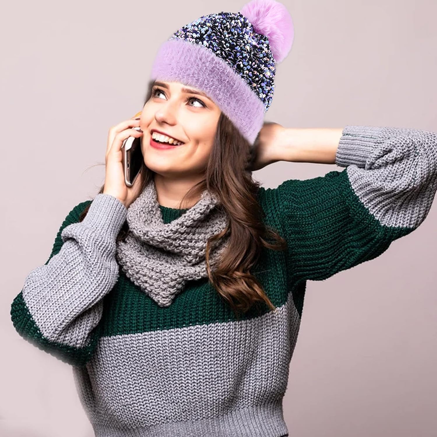 Women Sequin Knitted Beanie Hat with Faux Fur Pom-Pom Shiny Bling Skull Cap - Image 4