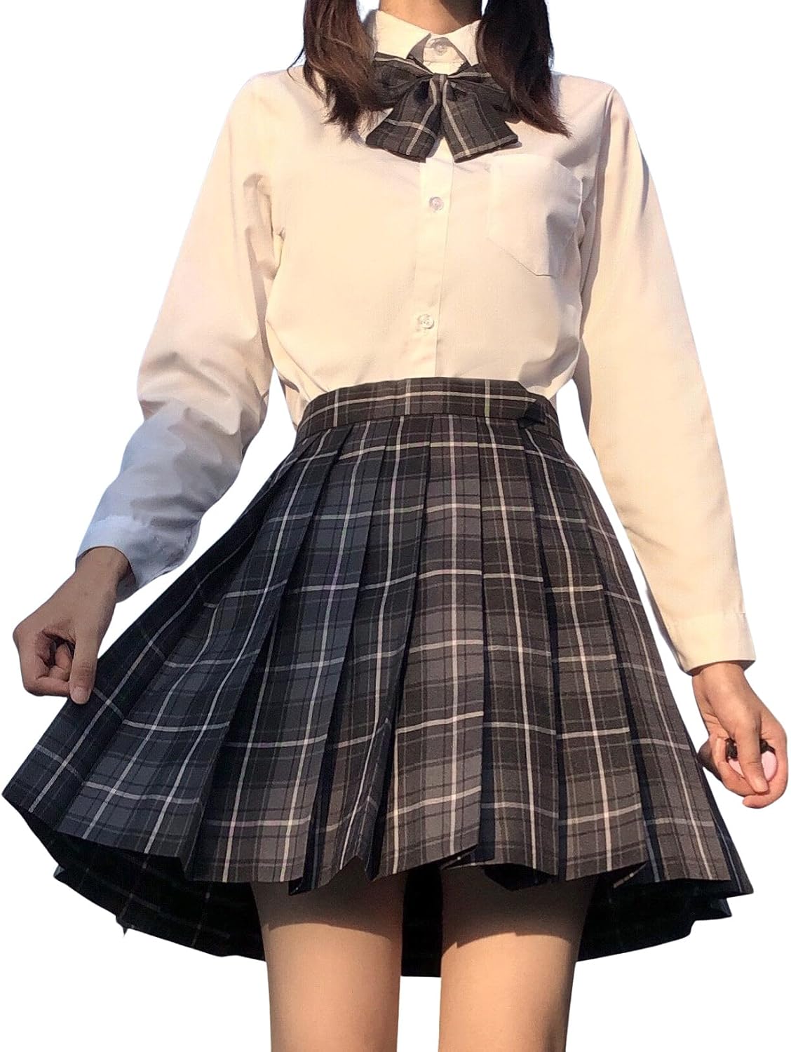 Women's Plaid Pleated Skirt High Waisted Japanese JK School Uniform A-line Skirt with Ties