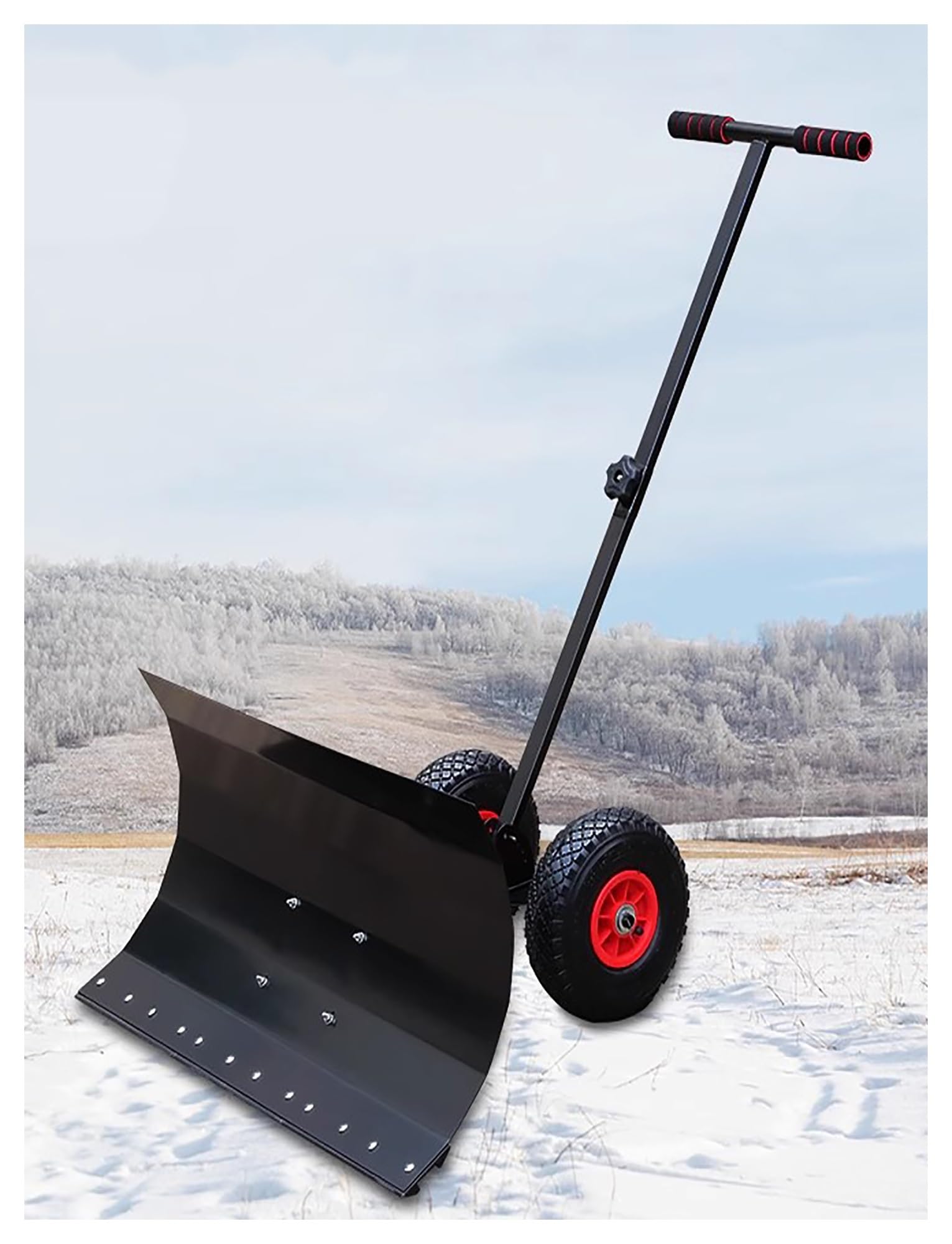 Einpolige Schneeschaufel for Einfahrt mit Rädersatz, robuster Schneeschieber-Handpflug mit verstellbarem Griff, Klingenwinkel, Scheunenentfernungsschieber(74x35cm/29x13.7in)