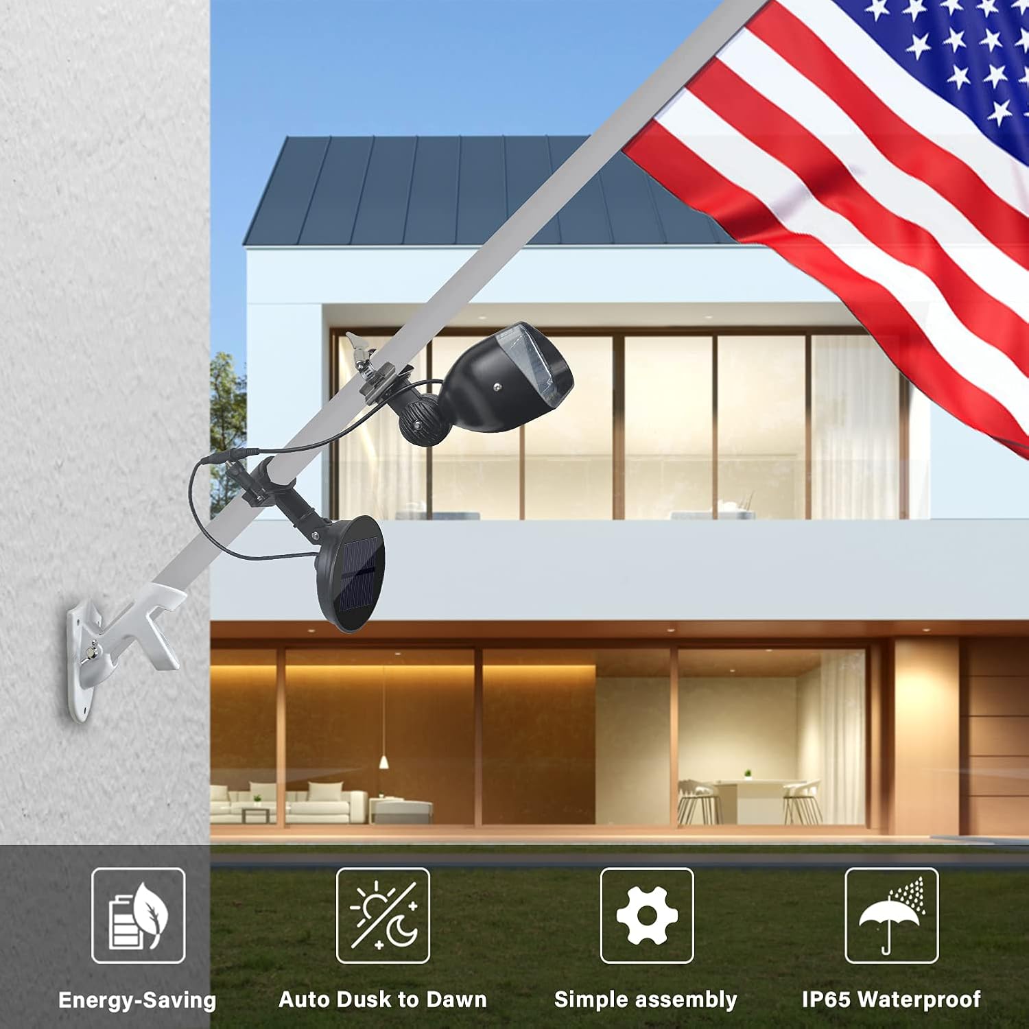 Flag Pole Light Solar Powered, Solar Flag Light fits 1’’ to 1.5” in Diameter, Super Bright 4 LED Auto Dusk to Dawn for Most Wall-Mounted Spinning Flagpoles