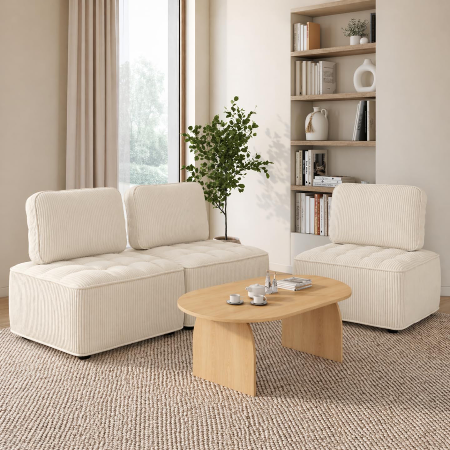IDMarket - Módulo de sofá y sillón Alfie de pana, color beige