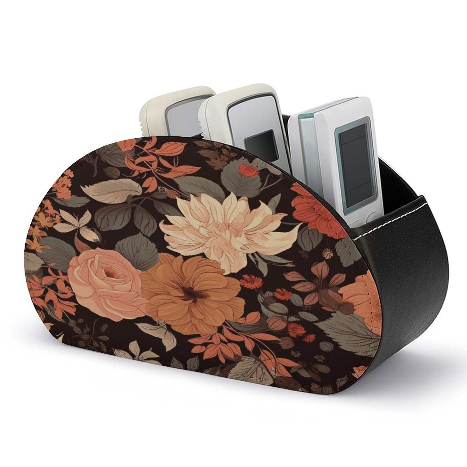 JTREHY - Floral Remote Control Stand with 5 Compartments, PU Leather TV Tray Bedside Storage Box, Computer Storage Organizer