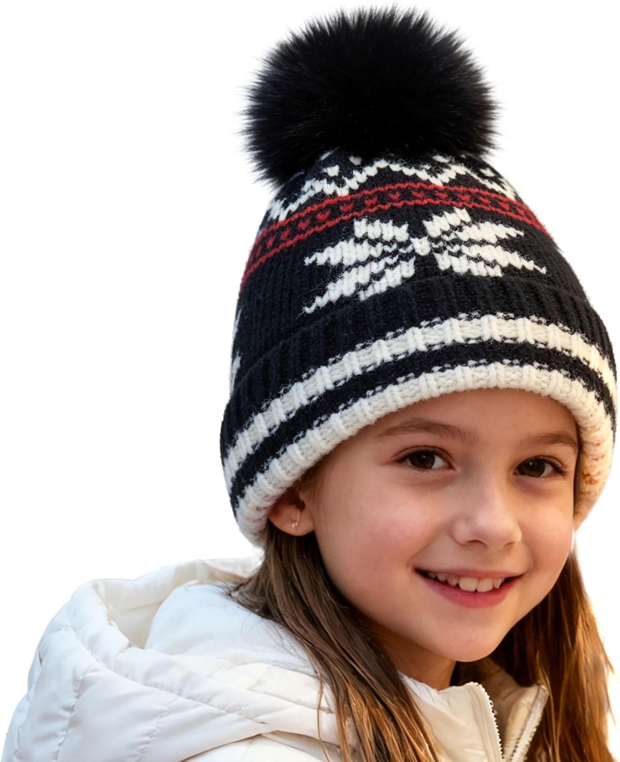 Kids Winter Jacquard Knit Beanie with Faux Fur Pom Warm Fleece Lining