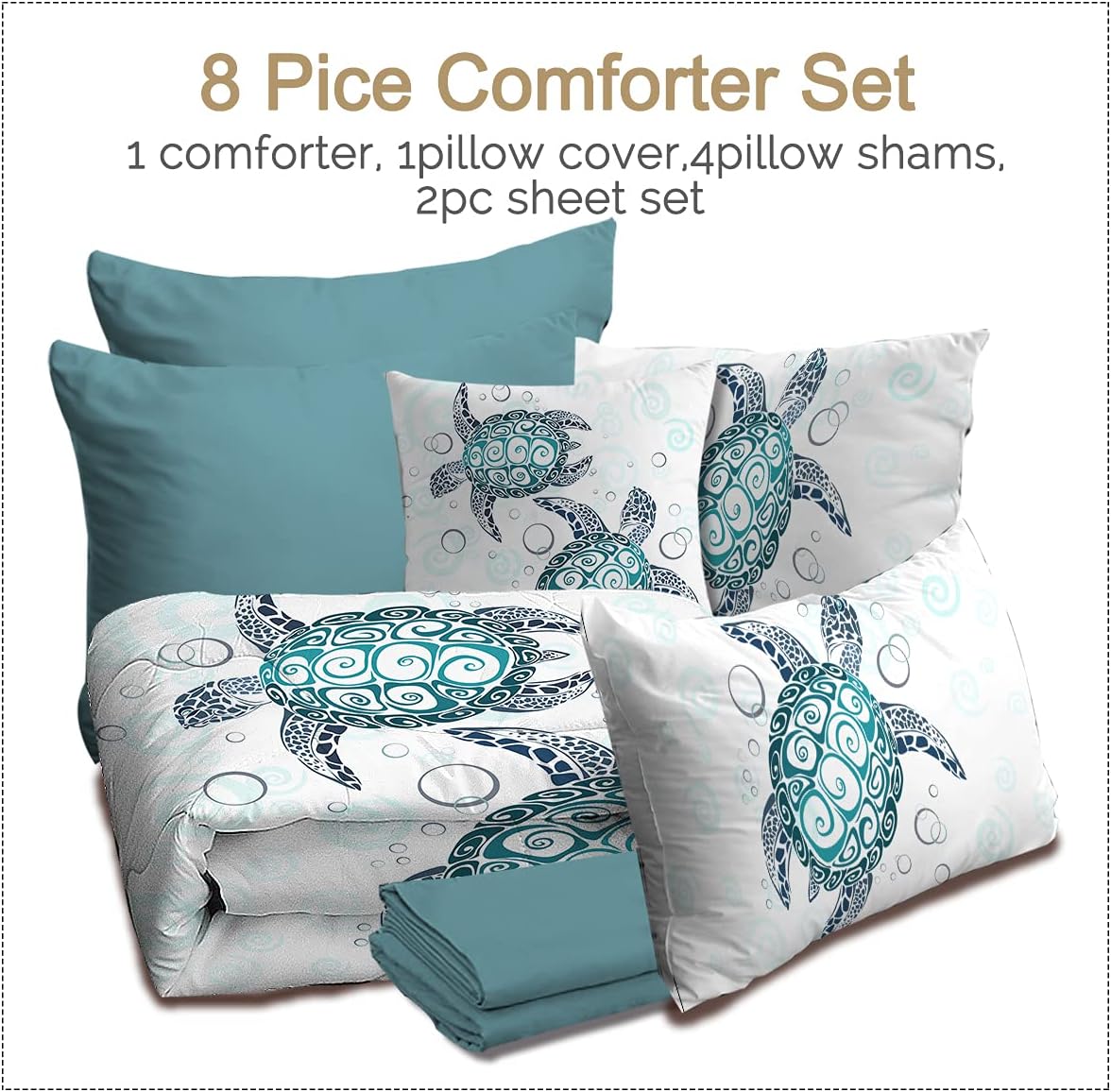 BlessLiving Sea Turtle Comforter Set Tropical Bed in a Bag Coastal Beach Themed Bedding with 1 Comforter, 2 Pillow Shams, 1 Flat Sheet, 1 Fitted Sheet, 1 Decorative Pillow Cover, 8 Piece, King, Aqua