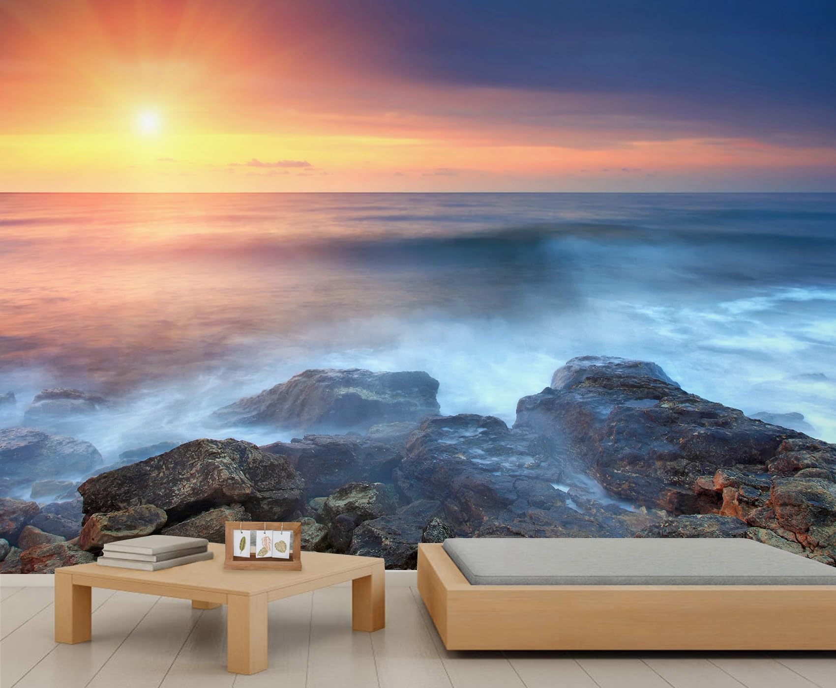Papier peint vagues et coucher de soleil 200x140cm pour décoration de chambre