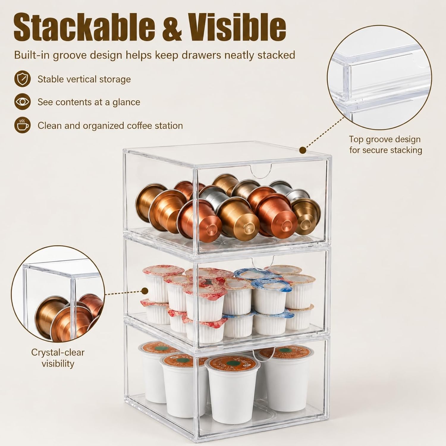 Coffee Pod Organizer, 3 Pack Clear Stackable Drawers for Coffee Bars | PET plastic, countertop station, capsule and creamer storage, pull-out access, visible sorting, no assembly, tidy display