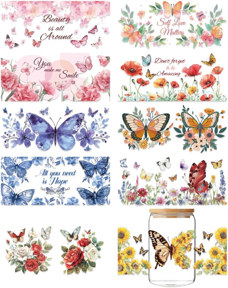 10 Sheets Elephant UV DTF Cup Wraps, Watercolor Flower Elephant Animals Rub on Transfers Decal Waterproof UVDTF Cup Wraps for 16 OZ Glass Cups Furniture Decor