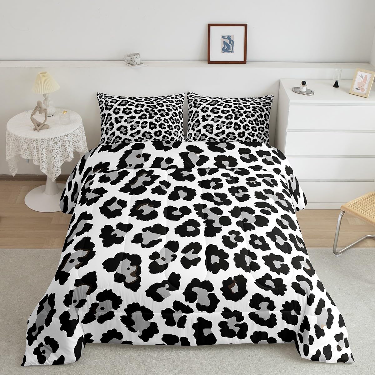 Feelyou Leopard Comforter Set Black Grey Cheetah Print Bedding Set for Kids Boys Girls Teens Decor Cow Pattern Comforter Africa Animal Lightweight Duvet Set 3Pcs Full Size