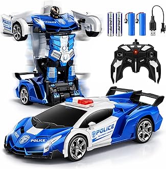 FIGROL Police Transformer Car, 2.4GHz Remote Control Police Car, One-Key Auto Transform, Dual Rechargeable Batteries, 360° Rotation, LED Lights Toy Gift for Boys Girls Ages 3+