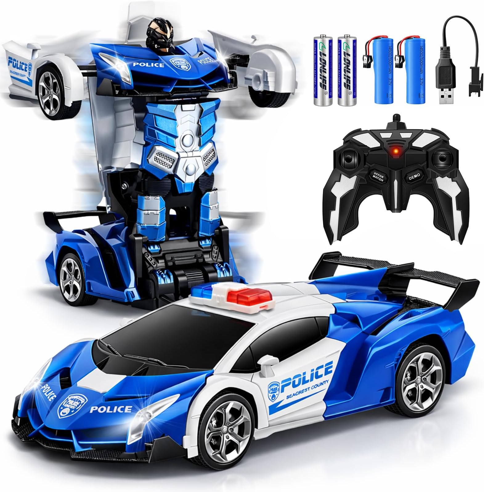 Transform Car Robot, 1:18 Scale Transforming RC Car with One Button Transformation, Realistic Engine Sounds & 360° Speed Drifting, Blue&white, Unisex Children