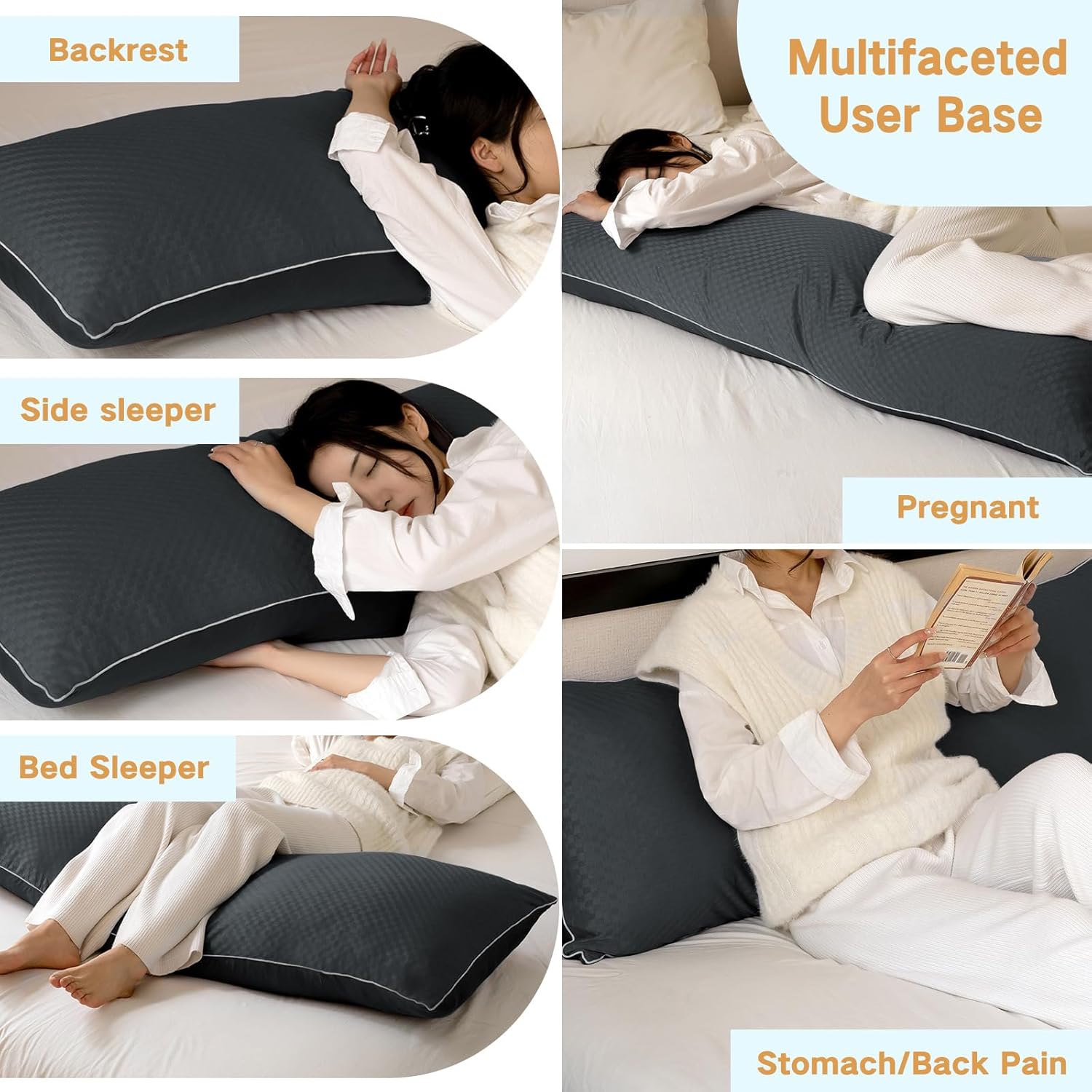 yz home cooling body pillow for adults- pillow insert with shredded blue memory foam, soft support for side sleeper, pregnant women?back pain relief, washable pillowcase (20x54 inch, dark grey), similar to stock photo 