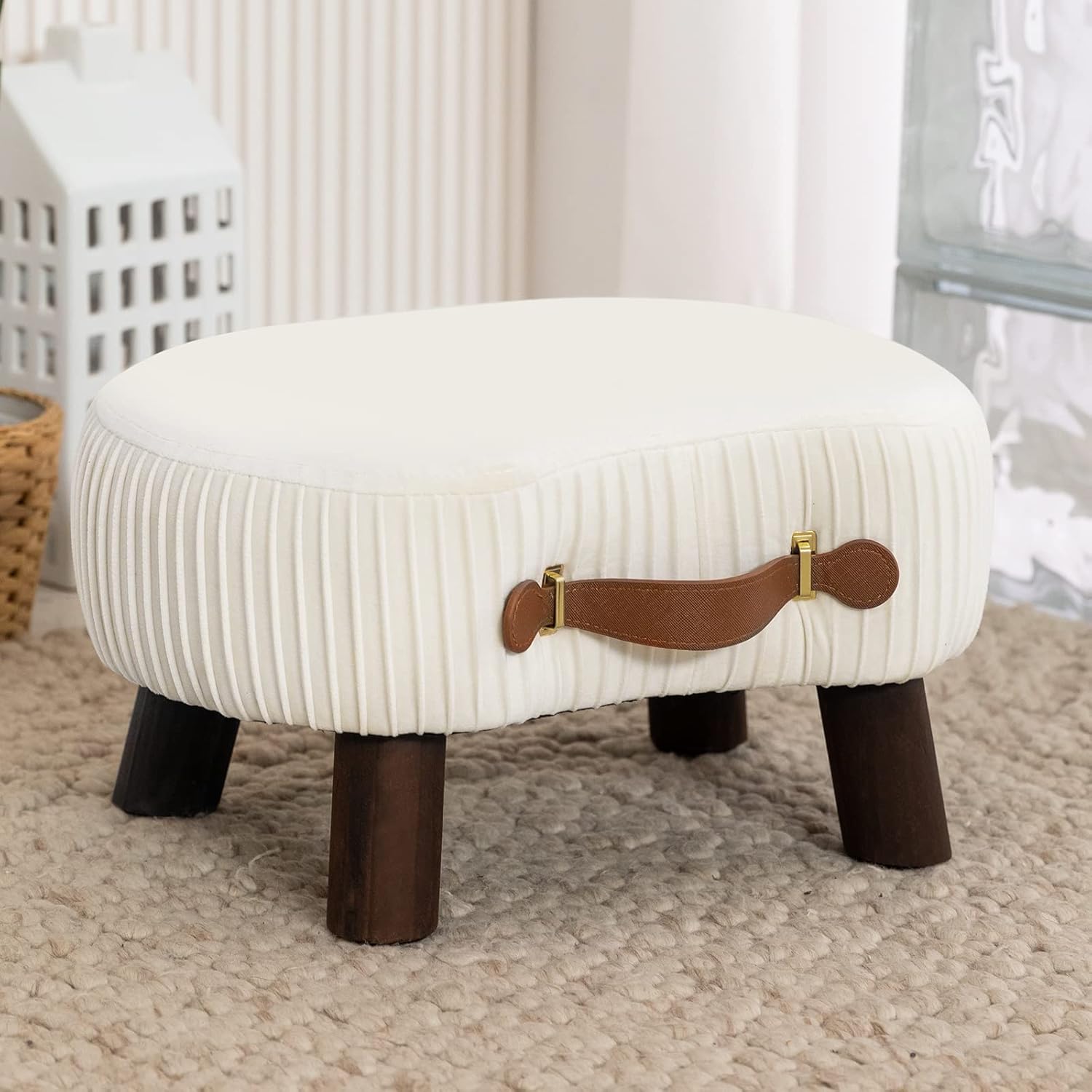 LUE BONA Small Curved Foot Stool with Handle, Beige Velvet