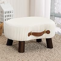 LUEBONA Small Curved Velvet Foot Stool with Handle - Beige Padded Ottoman Footrest, Modern Wooden Leg Step Stool for Couch, Living Room, Bedroom