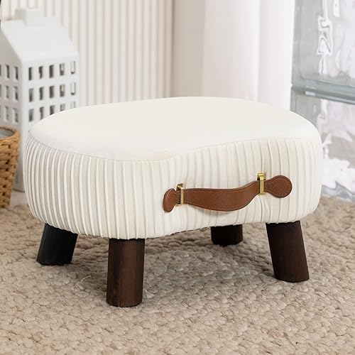 LUE BONA Taburete pequeño curvado con asa, reposapiés de terciopelo beige y otomanos, moderno reposapiés con patas de madera, taburete con asiento