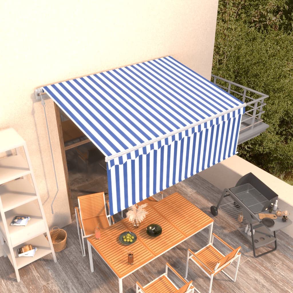 Markise Automatisch Einziehbar mit Volant 3x2,5 m Blau und Weiß, Kurbel und Fernbedienung, rostbeständiger Aluminiumrahmen, wasserfestes Polyester