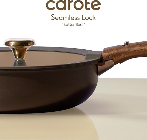 CAROTE 25pcs Ceramic Cookware Set, Pots and Pans Set with Detachable Handle | Non-Stick, Non-Toxic, PFAS and PFOA Free, Induction Compatible, Dishwasher & Oven Safe, Space Saving, Camping Cooking, Brown