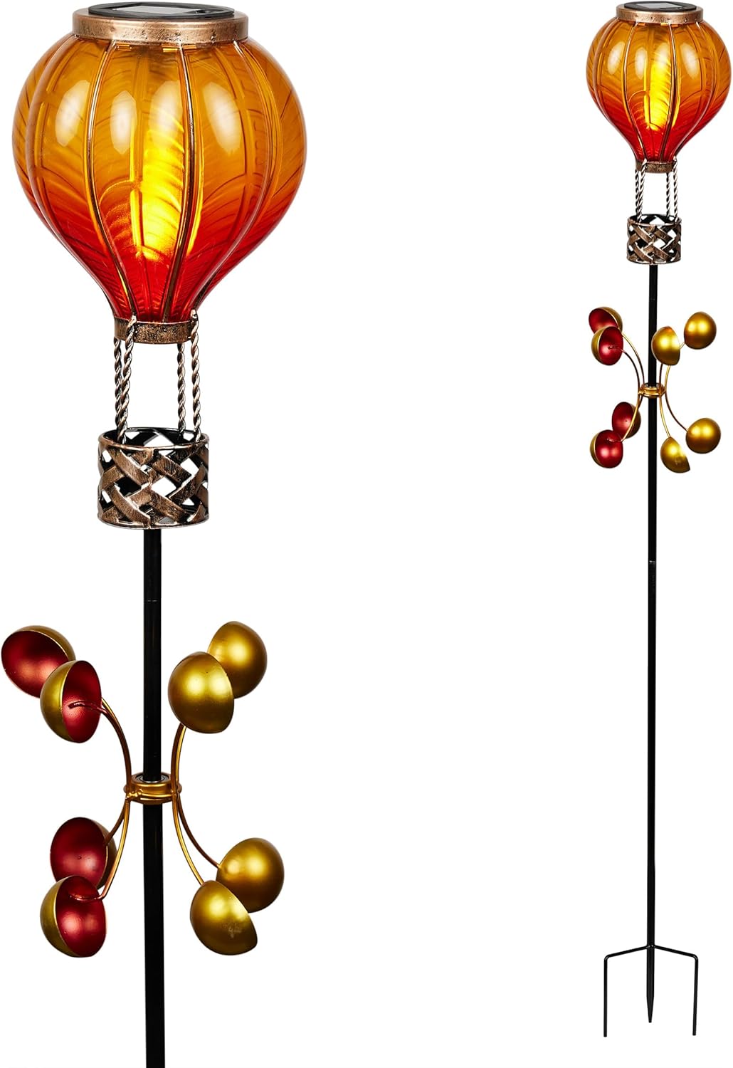 Alpine Corporation 45" H Outdoor Solar Hot Air Balloon Spinning Garden Stakes with LED Lights, Yellow/Orange