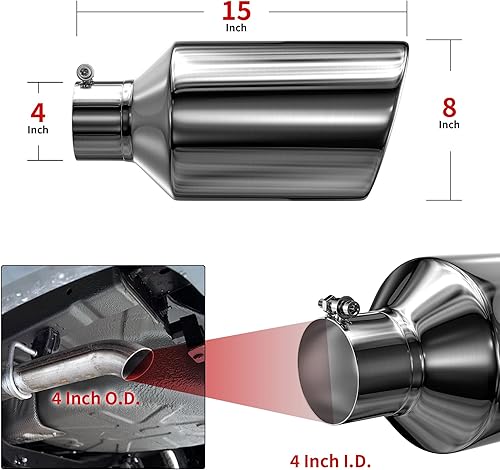 Miniatura 2 de Richeer Punta de escape de 4 a 8 pulgadas, entrada de 4 pulgadas, salida de 8 pulgadas, longitud total de 15 pulgadas, acabado pulido de acero