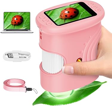 Alotwan Kids Microscope Digital 1000X Zoom, Mini Pocket Handheld Microscope Portable Travel Toys, HD Camera Video Magnifying Glass, Christmas Birthday Gifts for Girls, STEM Toys for Toddlers Age 3-8
