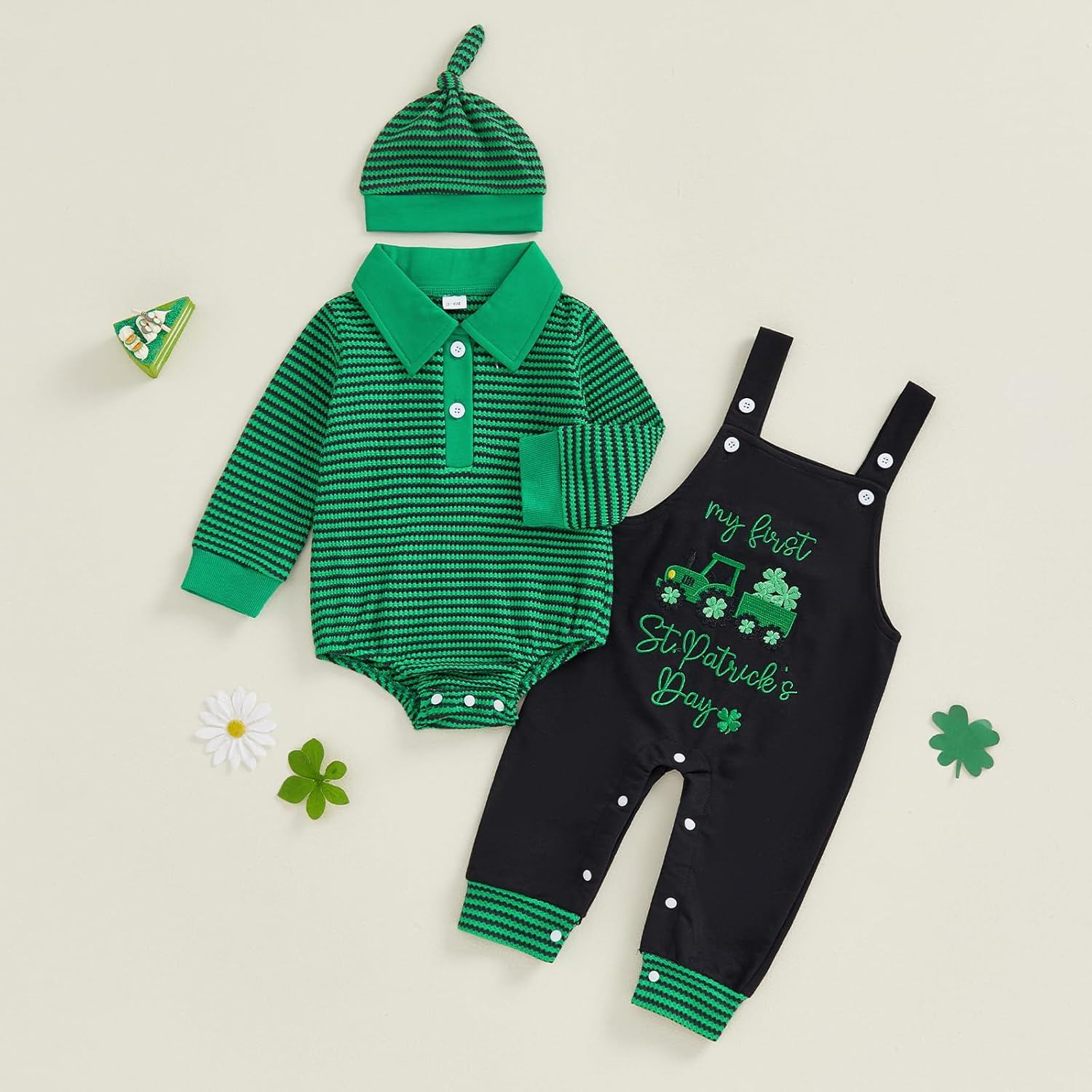 BeQeuewll My First Easter Baby Boy Outfit Infant Stripe Romper Bunny Letter Embroidery Overalls Pants Set Newborn Outfits - Image 3