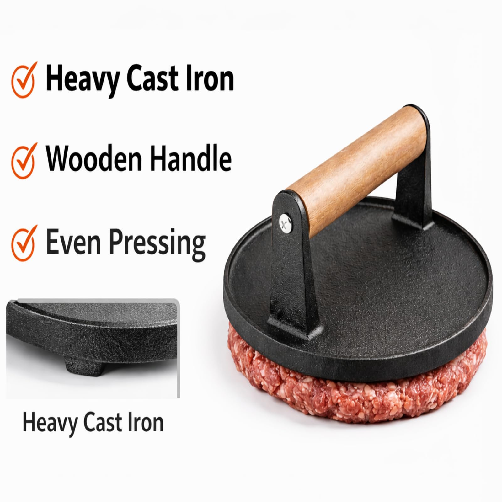 Cast Iron Burger Press Set, Round and Rectangular Grill Press with Wooden Handle, Circle — view 3