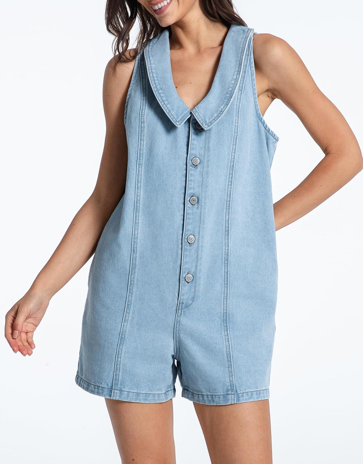 Kedera Women's Sleeveless Summer Denim Romper Sailor Collar Neck Button Up Jean Jumpsuits Casual One Piece Outfits - Image 5