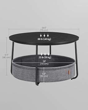 VASAGLE LILEA Collection - Coffee Table with Storage, Round Center Table for Living Room with Fabric Basket, Modern Style, Metal Frame, Ebony Black and Slate Gray ULCT244B56