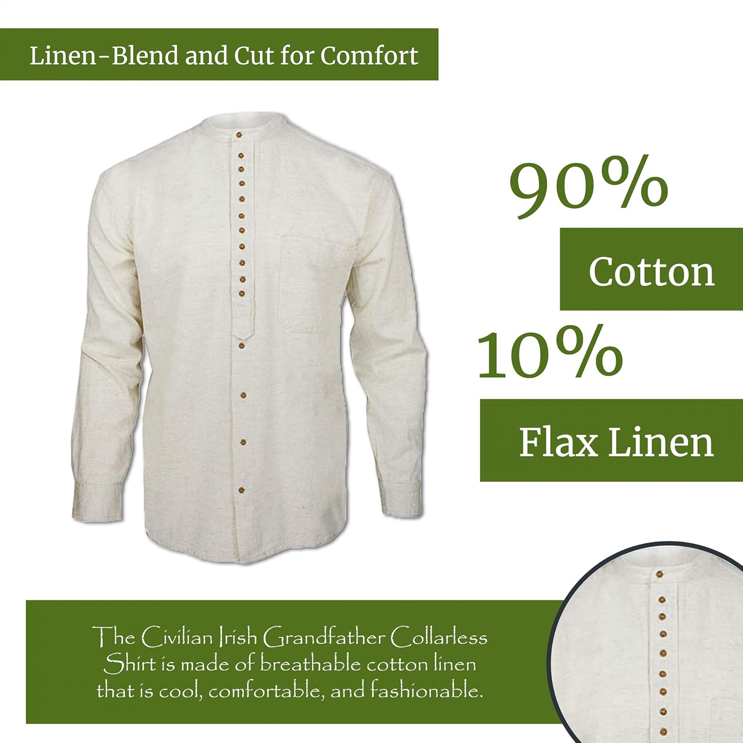 Civilian Irish Grandfather Collarless Shirt, Cotton and Linen Long-Sleeve Traditional Irish Shirt (Stone, Large) - Image 2