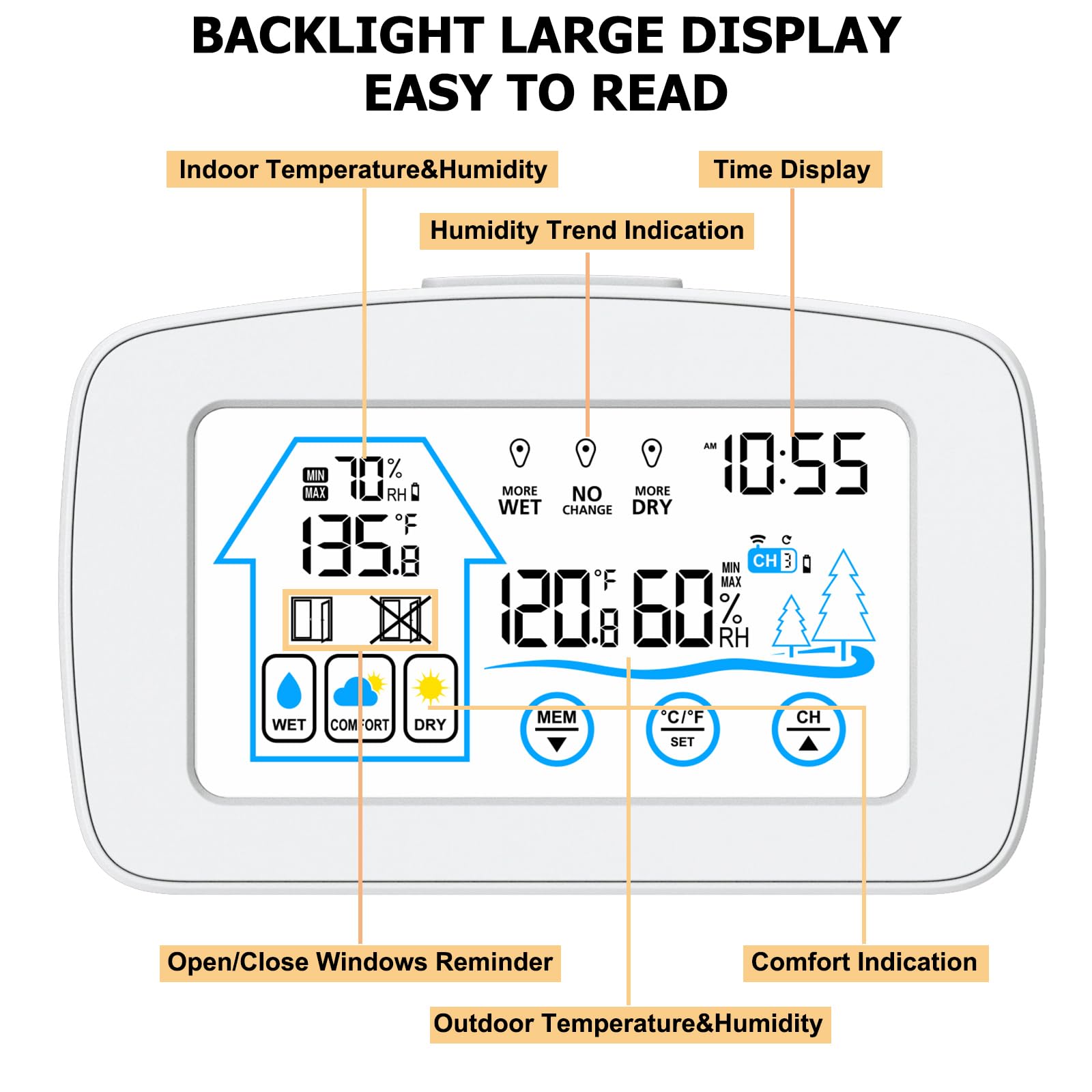 Stazione meteorologica digitale con touch screen retroilluminato, misuratore intelligente di temperatura e umidità, orologio meteorologico, con rilevamento di temperatura e umidità, promemoria