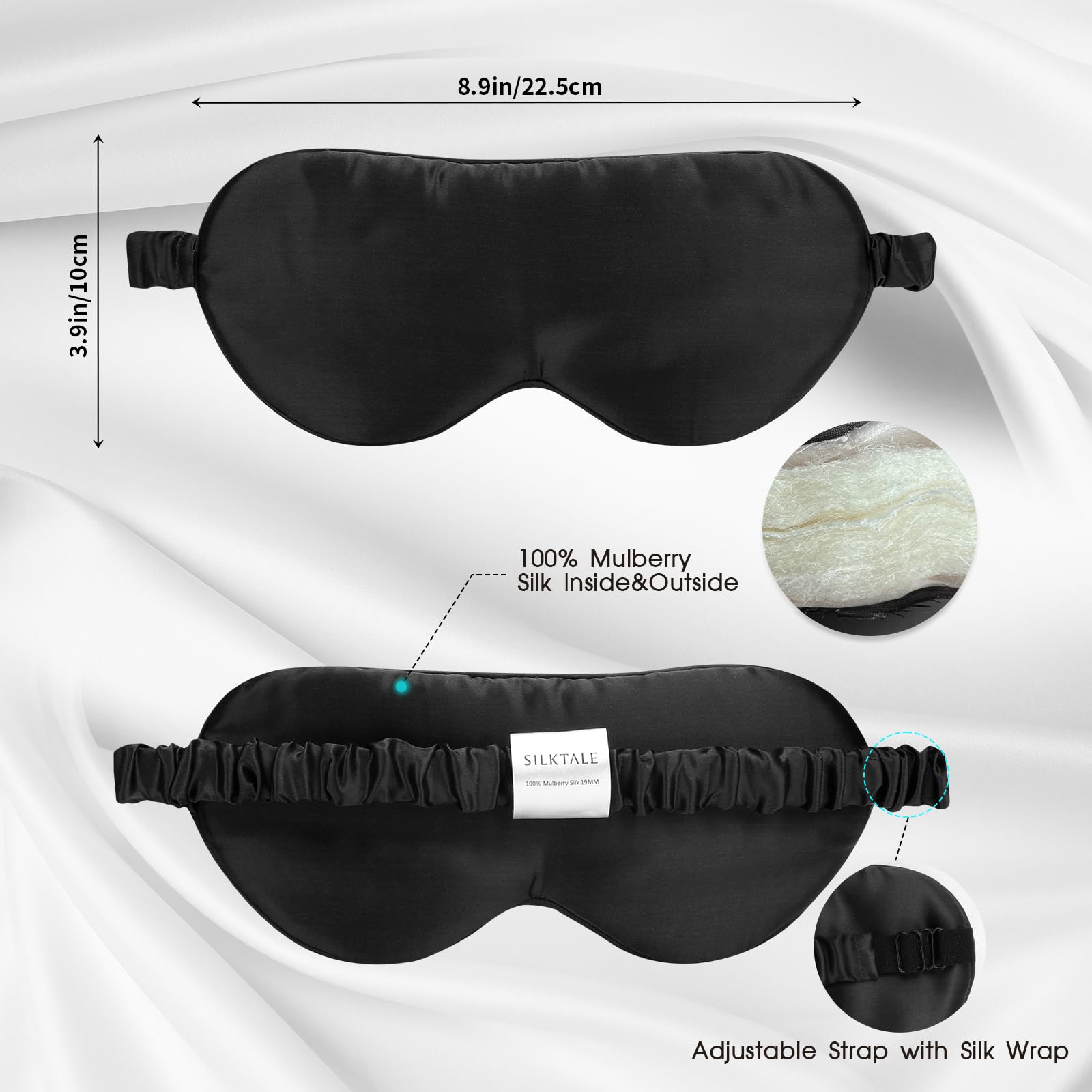 Mascherina Occhi Notte Sonno Per Dormire in Seta di Gelso al 100% 19MM con Fascia Regolabile Nascosta，Nero