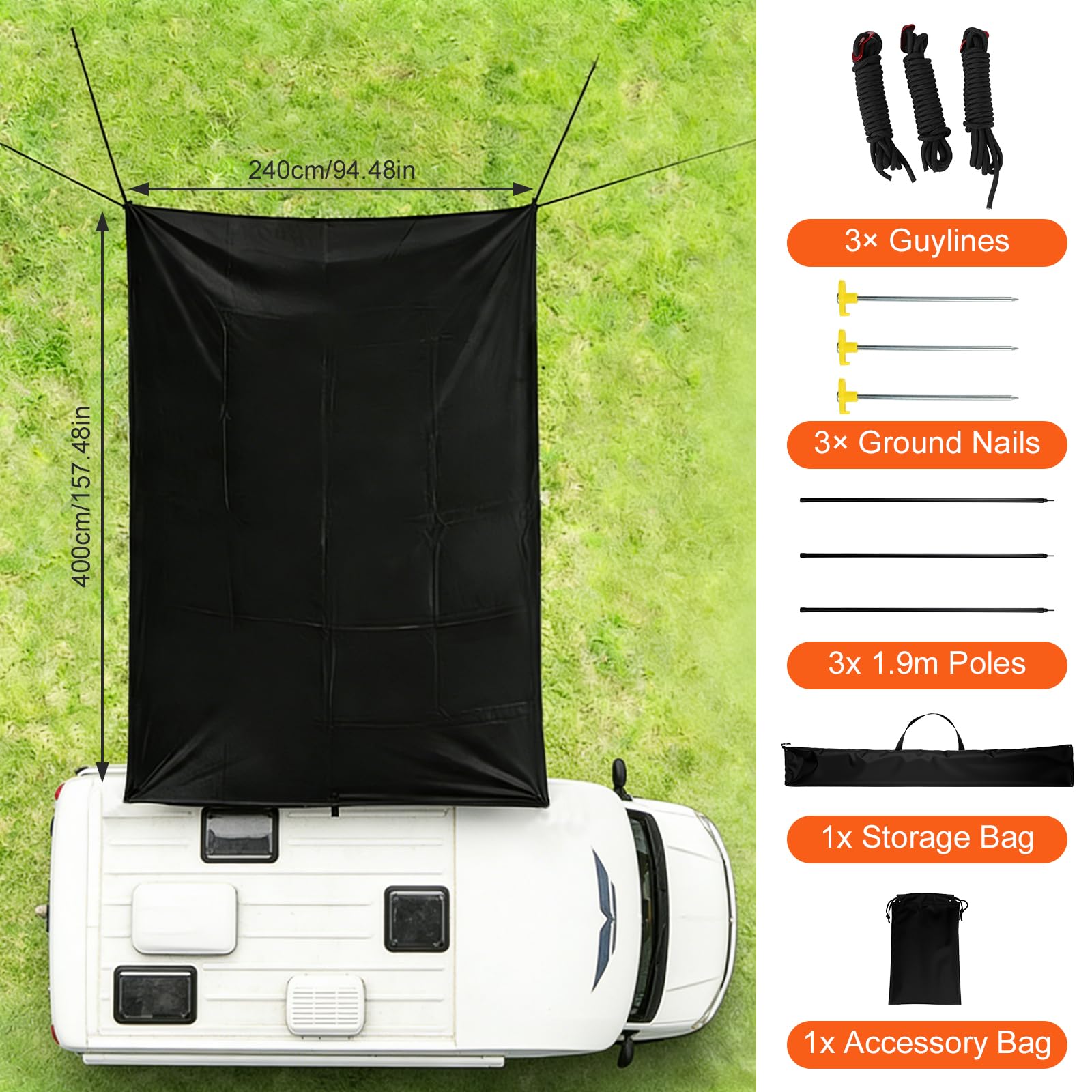 Sonnensegel Wohnwagen Komplett ausgestattetes Sonnensegel Camping 4x2,4 m | Markise Tarp für Sonnen- und Regenschutz - Kompatibel mit Wohnwagen,Camper,Vans,Kastenwagen und Wohnmobilen
