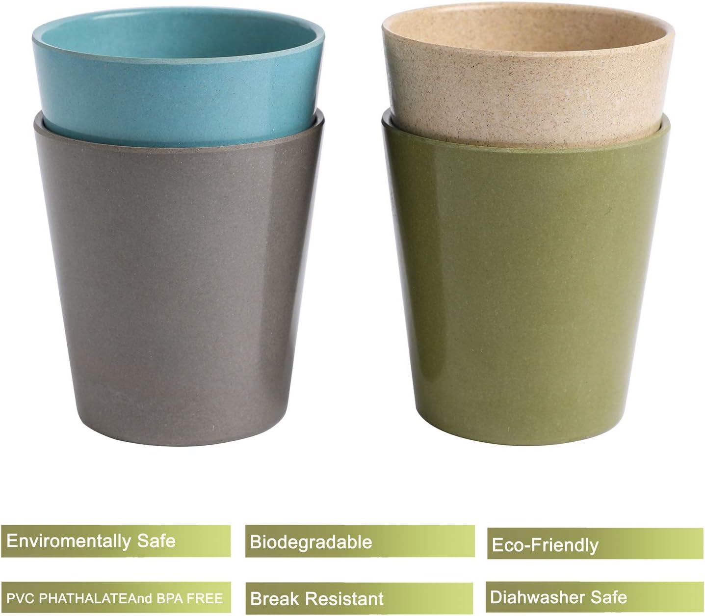 PandaEar Safe Stackable (4 Pack)(10 oz Vol) Authentic Bamboo Baby Toddler Cups Glass Dinnerware, Eco-Friendly Drink-ware BPA Free(Neutral)