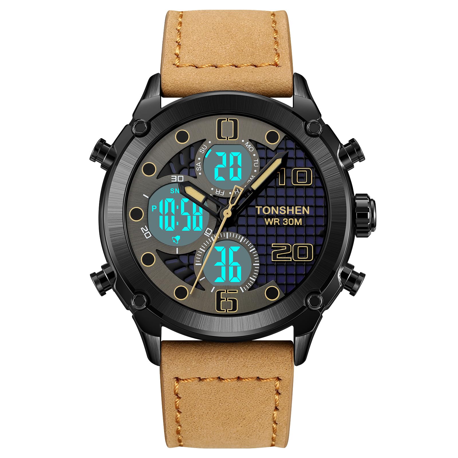 TONSHEN Orologi da Polso Uomo Acciaio Inossidabile e Pelle Cinturino Digitale Multifunzione LED Elettronico Tre Tempo Outdoor Militare Sportivo Orologio