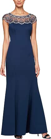 Alex Evenings Women's Long Shift Dress With Beaded Illusion Neckline & Bell Sleeves - Formal Gown For Weddings & Parties
