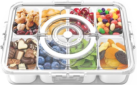 Divided Serving Tray with Lid and Handle,Time Recording 8 Compartments Snackle Box Container - Charcuterie Board for Portable Snack Platters - Clear Organizer for Fruits Snacks,not Dishwasher Safe.