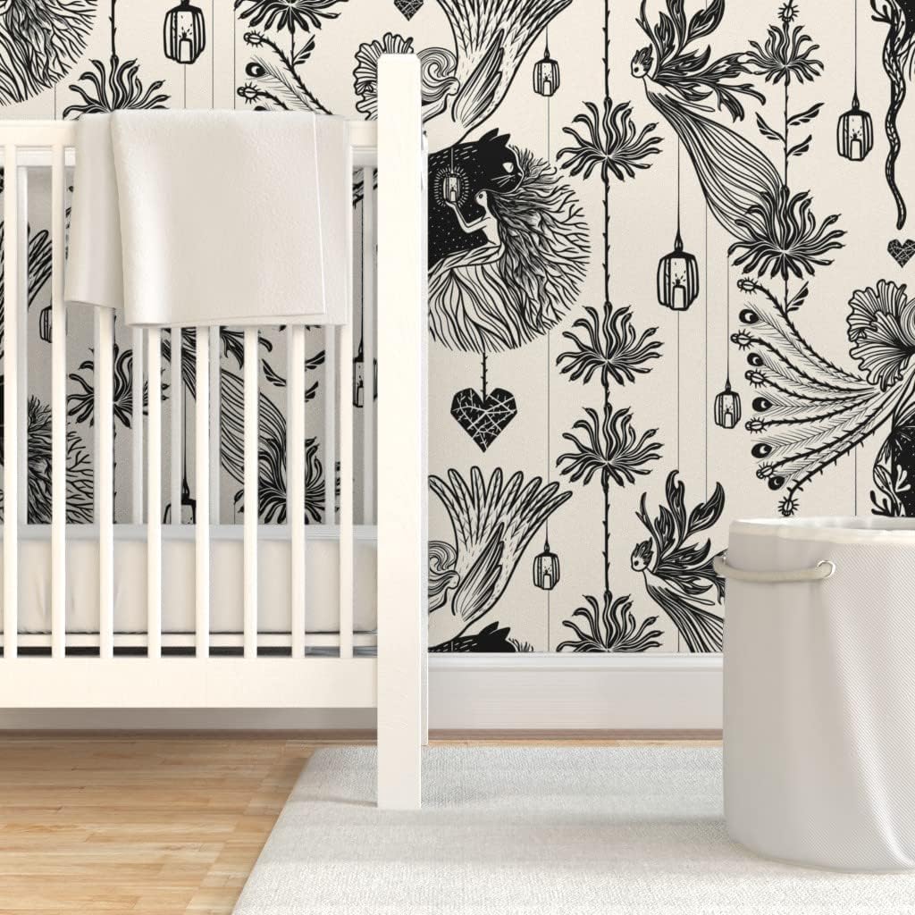 Peel & Stick Wallpaper 3ft x 2ft - Fairy Bird Flowers Dark Cat Night Gothic Fantasy Custom Removable Wallpaper by Spoonflower