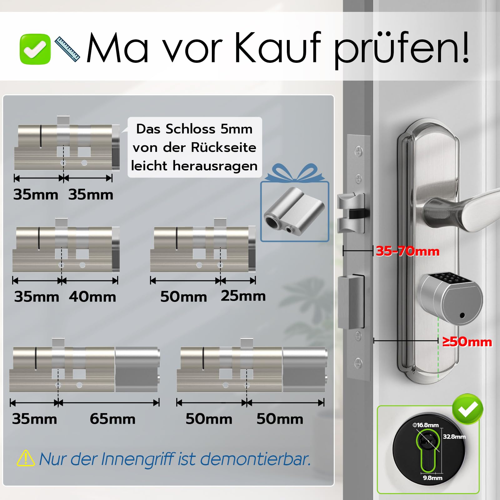 Eseesmart Türschloss Fingerabdruck, Fingerabdruck Schloss mit Zahlencode RFID Schlüssel APP, Elektrisches Smart Türschloss SchließZylinde Einstellbare Länge für 35-70mm Tür