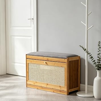 Shoe Bench with Cushion, Small Shoe Rack with Flip Drawer and Padded Seat Shoe Cabinet Organizer for Entryway Hallway Front Door