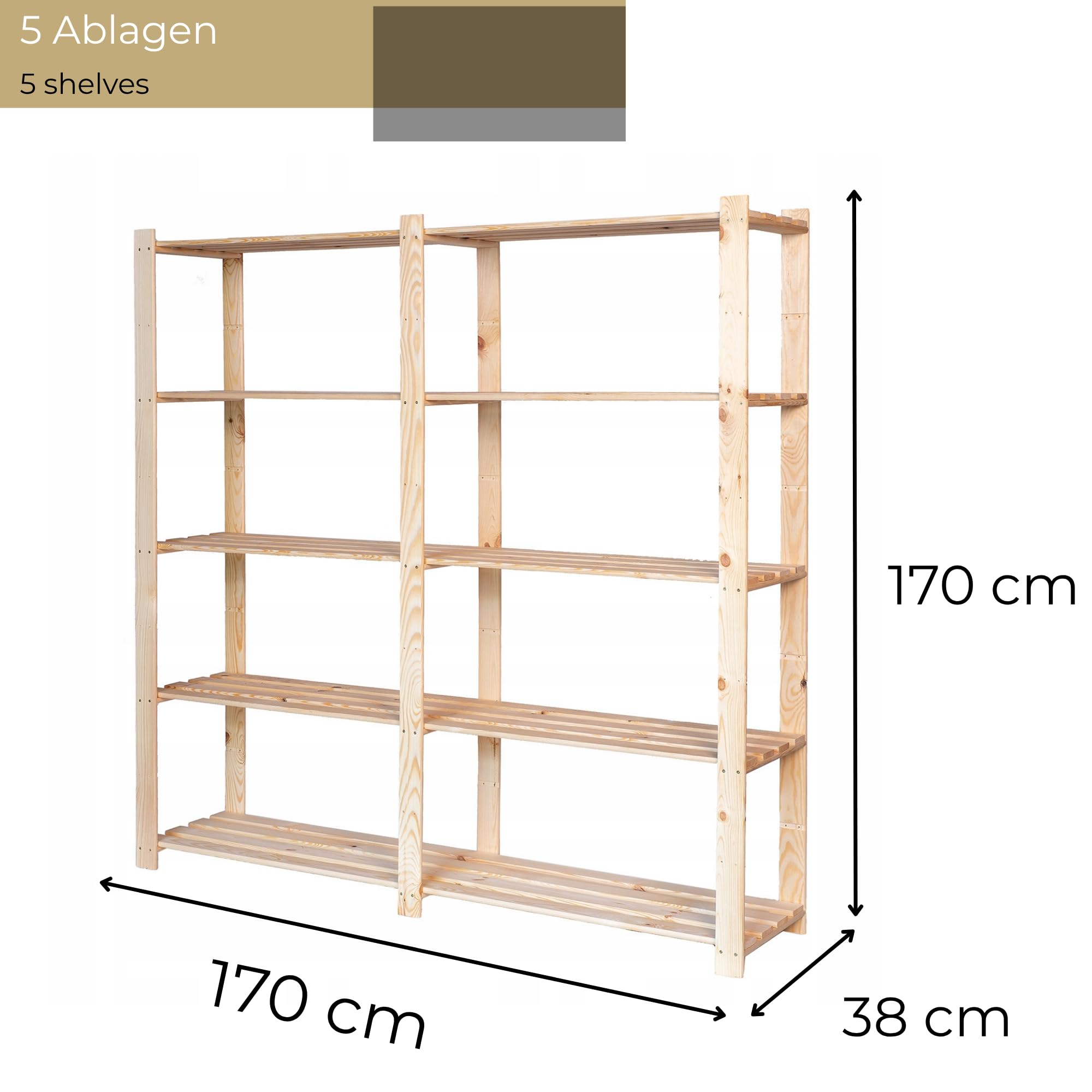 Estantería de Madera 170x170x38 cm Color Natural con 5 Baldas Estantería Grande de Pie para Garaje Sótano Salón Baño Estantería de Almacenamiento de Madera de Pino Soporte para Plantas
