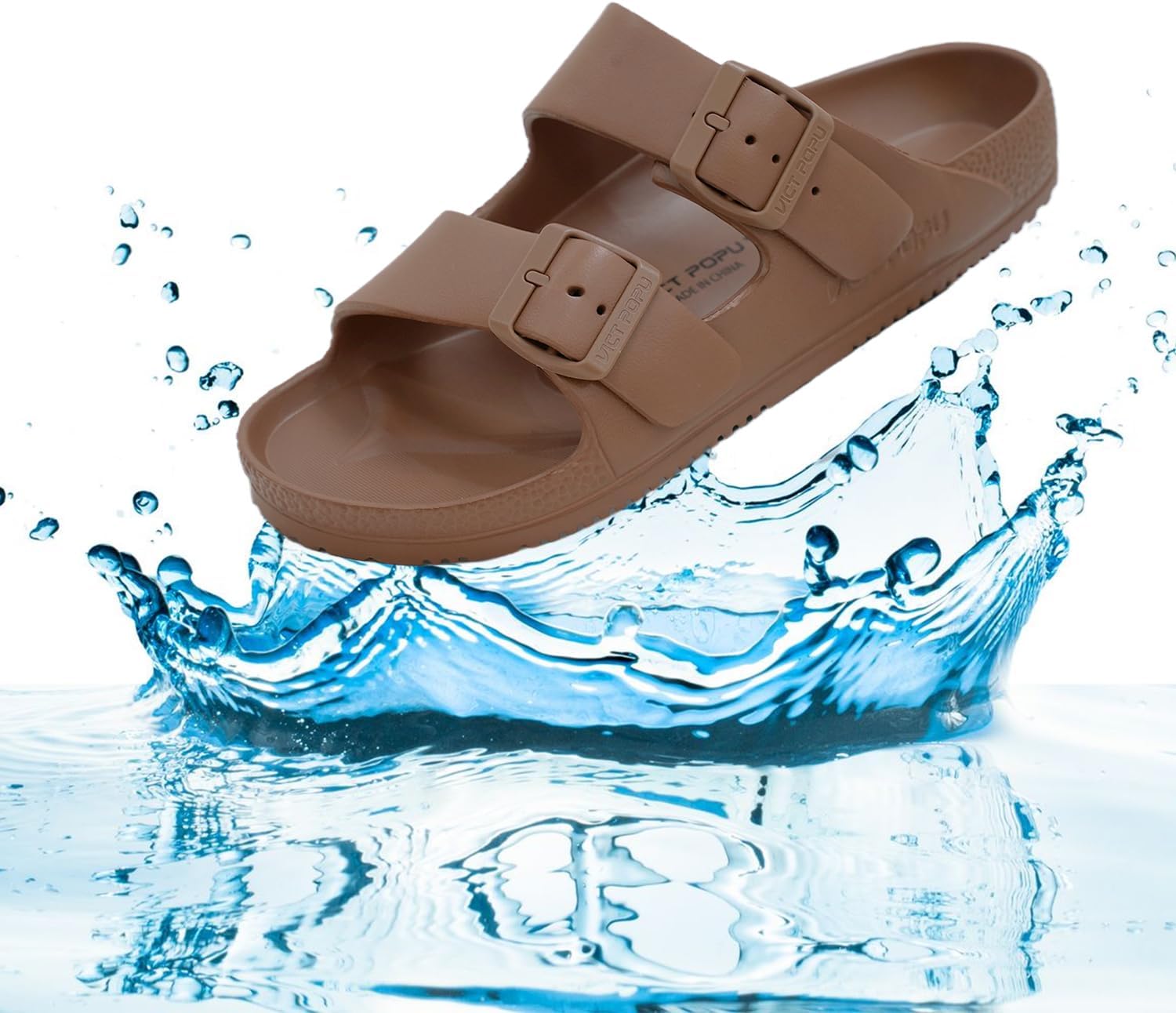 VICT POPU Womens Sandals Adjustable Double Buckle Strap Waterproof EVA Flat Slides - Image 5