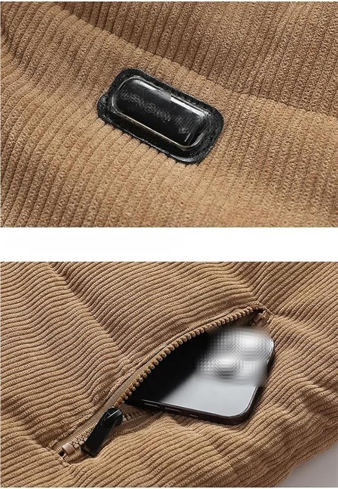 Mens Cotton Padded Corduroy Jacket with Stand Collar Thick Warm Loose Fit Outdoor Camping Overcoat Bread Style